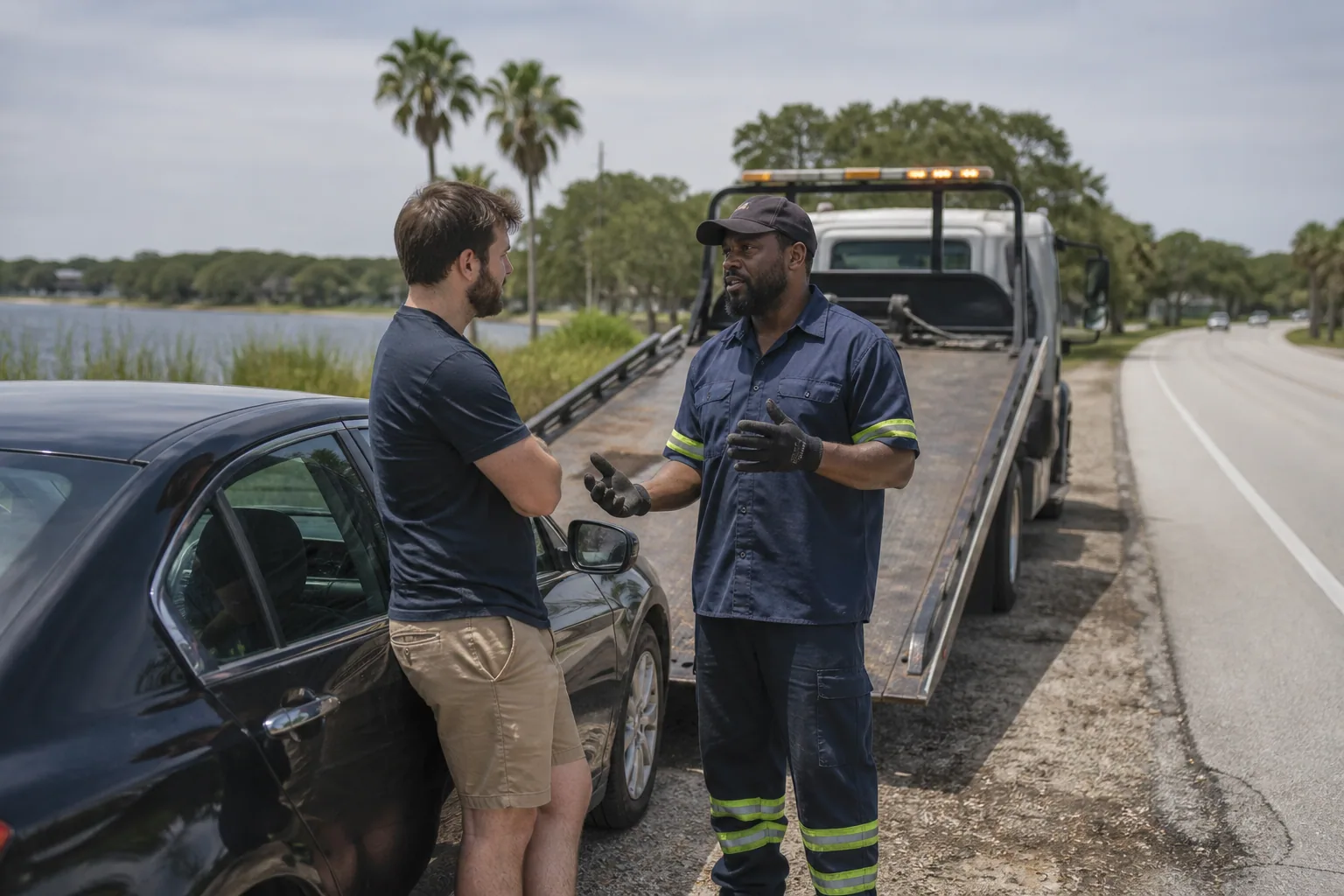 Tow operator answering a driver's questions in Clermont