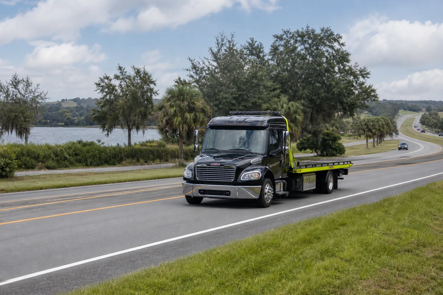Tow truck responding on a road in Clermont, Florida