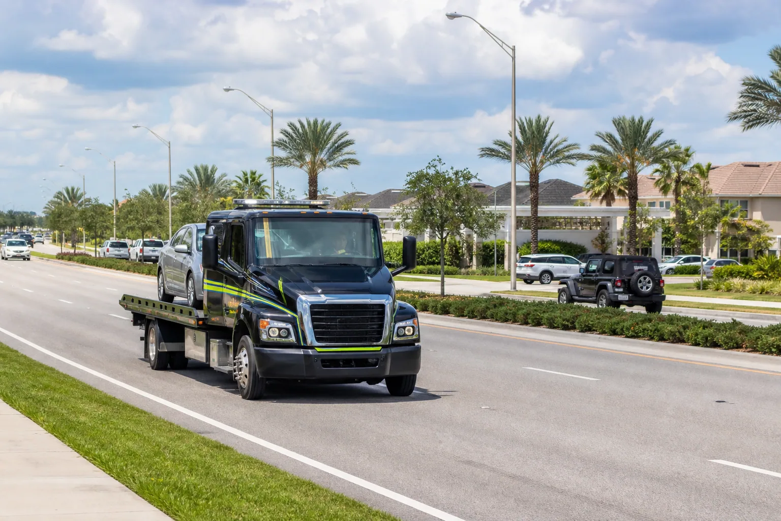 Tow truck responding on a road in Davenport, Florida