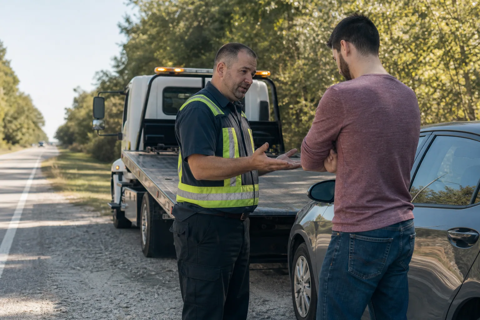 Tow operator answering a driver's questions in Groveland