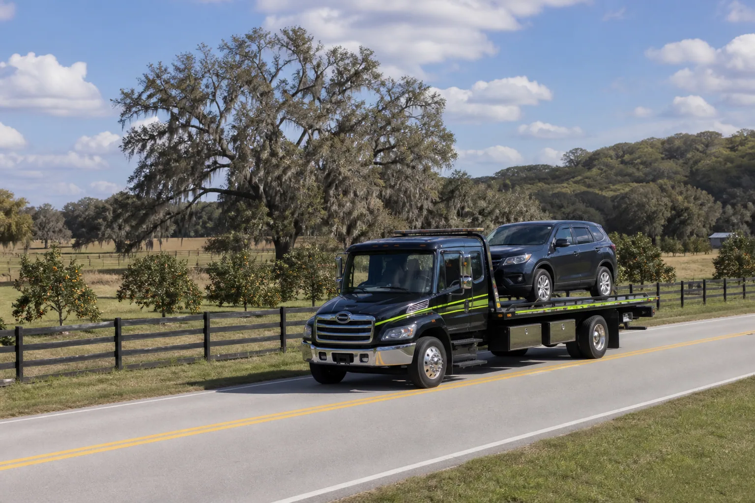Tow truck responding on a road in Groveland, Florida