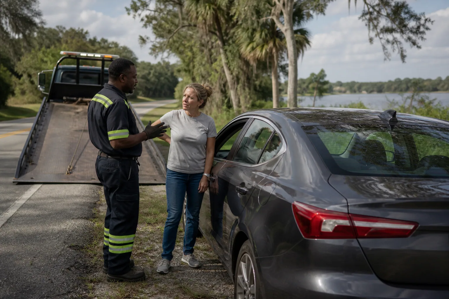 Tow operator answering a driver's questions in Lake County