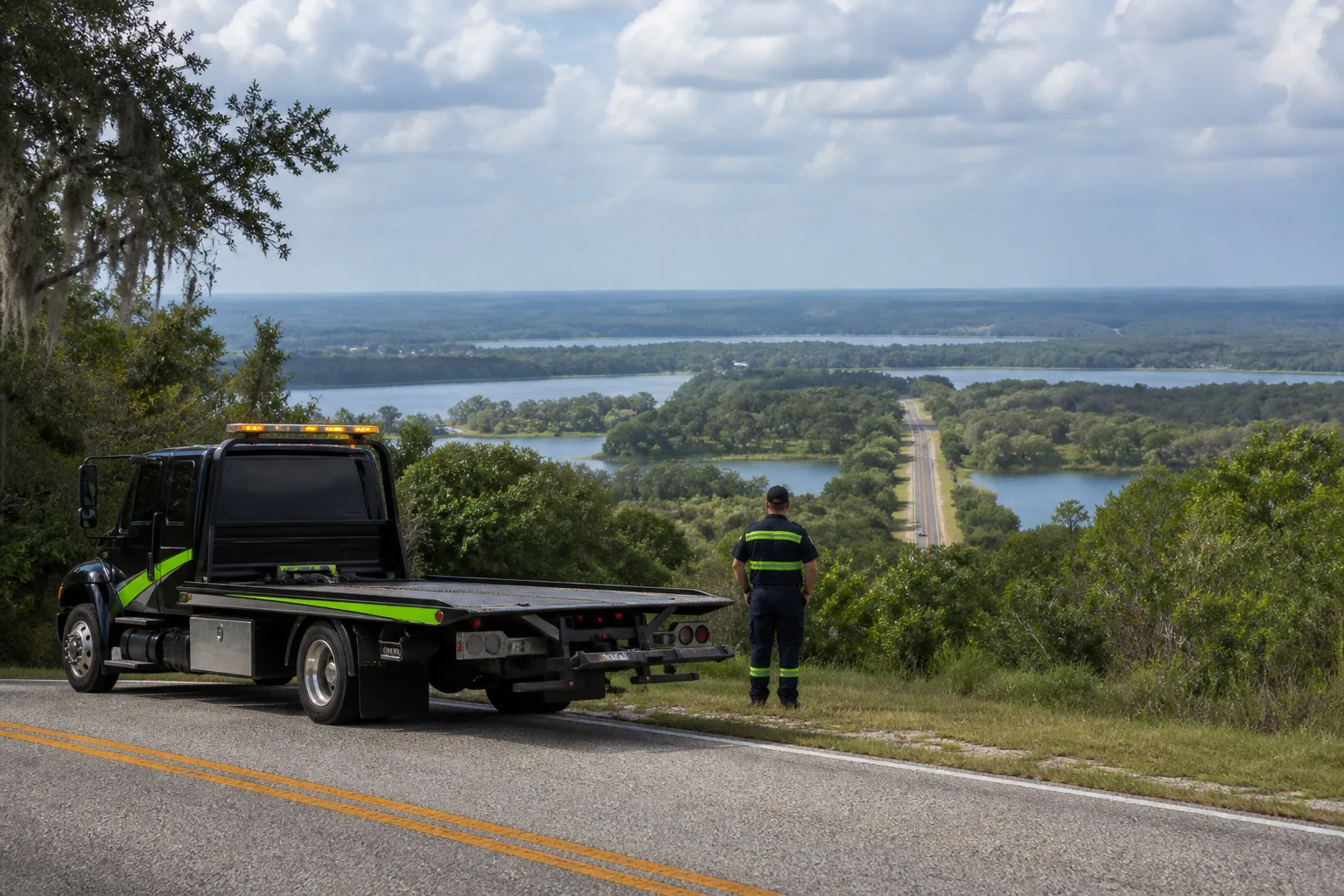Tow truck responding on a road in Lake County, Florida