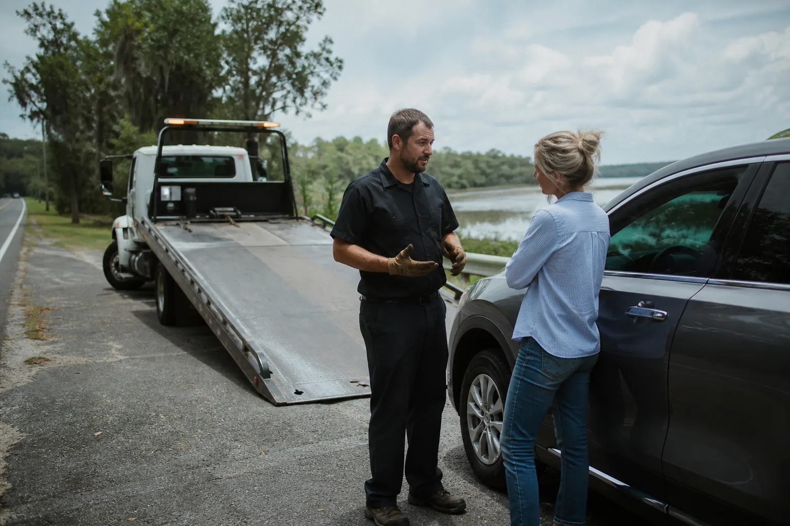 Tow operator answering a driver's questions in Leesburg
