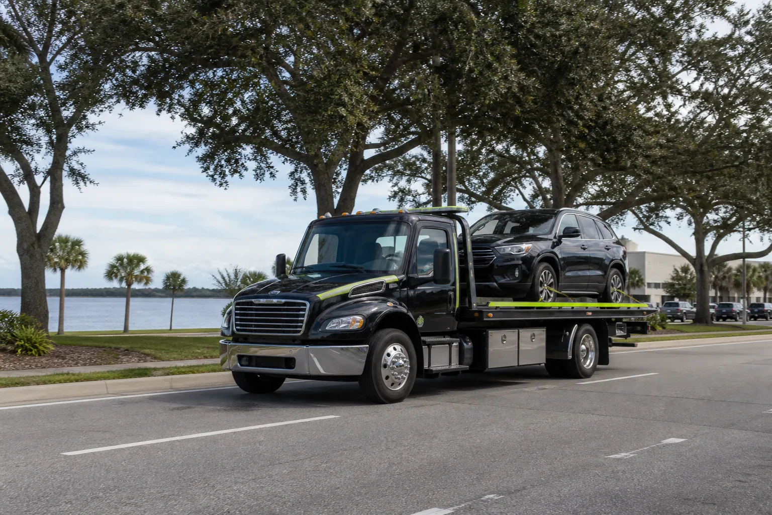 Tow truck responding on a road in Leesburg, Florida