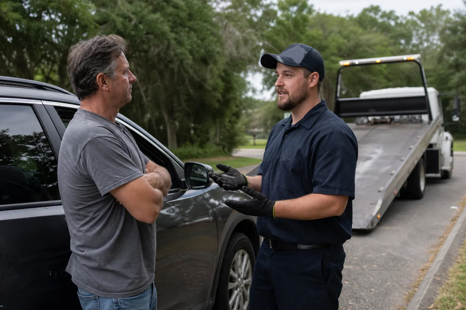 Tow operator answering a driver's questions in Mascotte