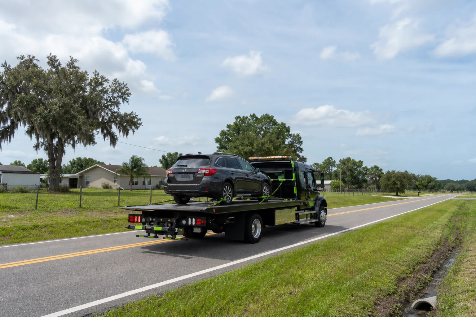 Tow truck responding on a road in Mascotte, Florida