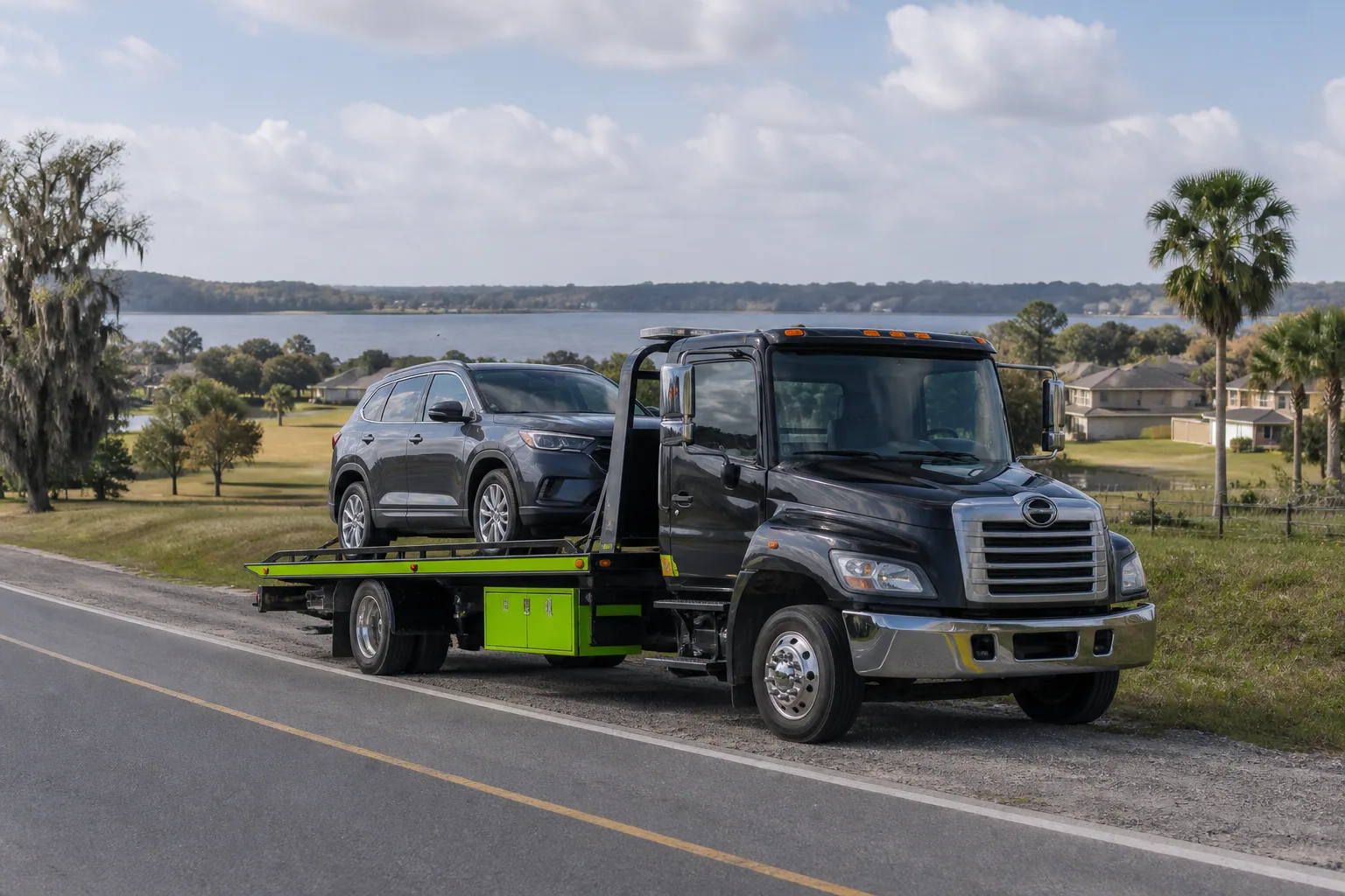 Tow truck responding on a road in Minneola, Florida