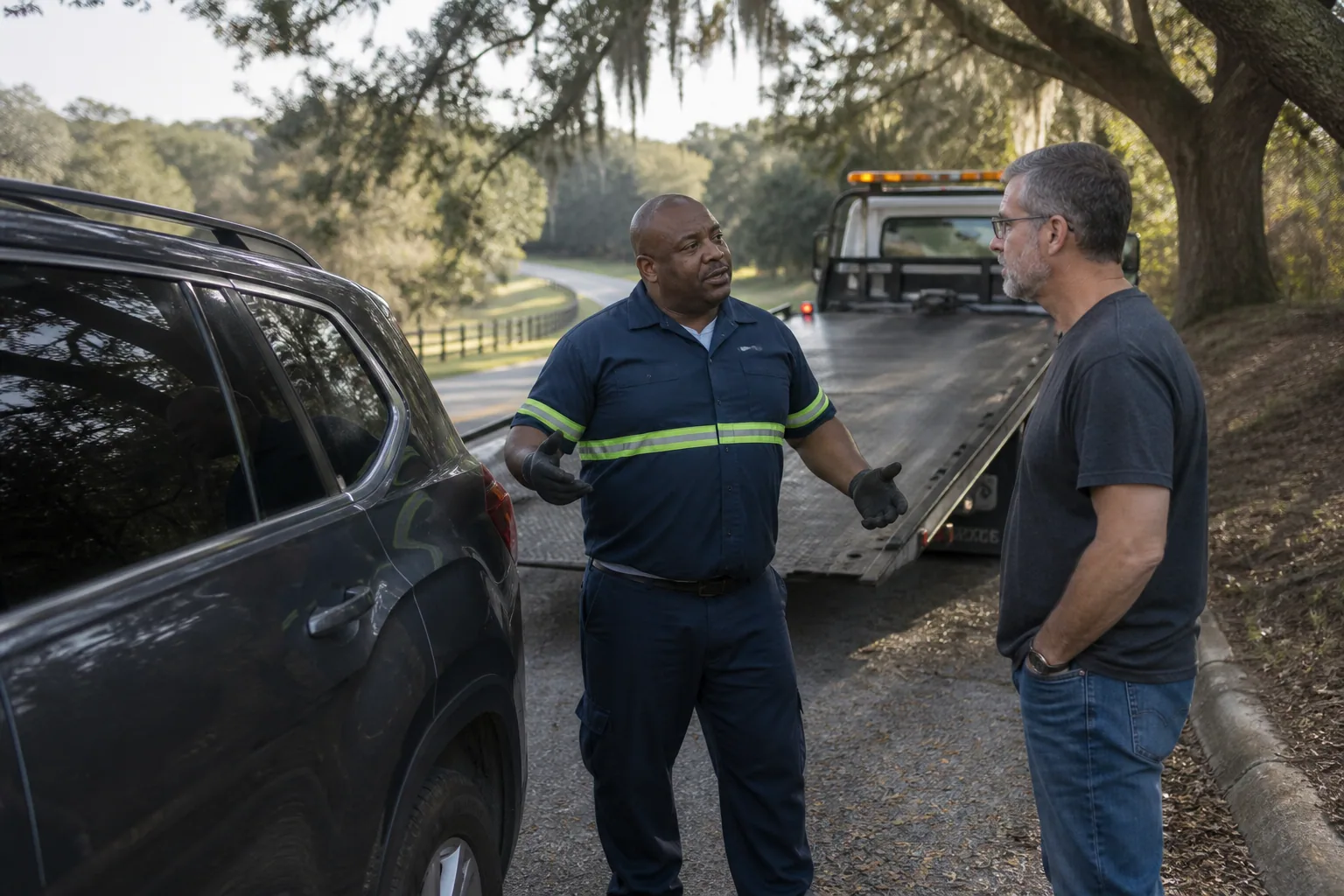 Tow operator answering a driver's questions in Montverde