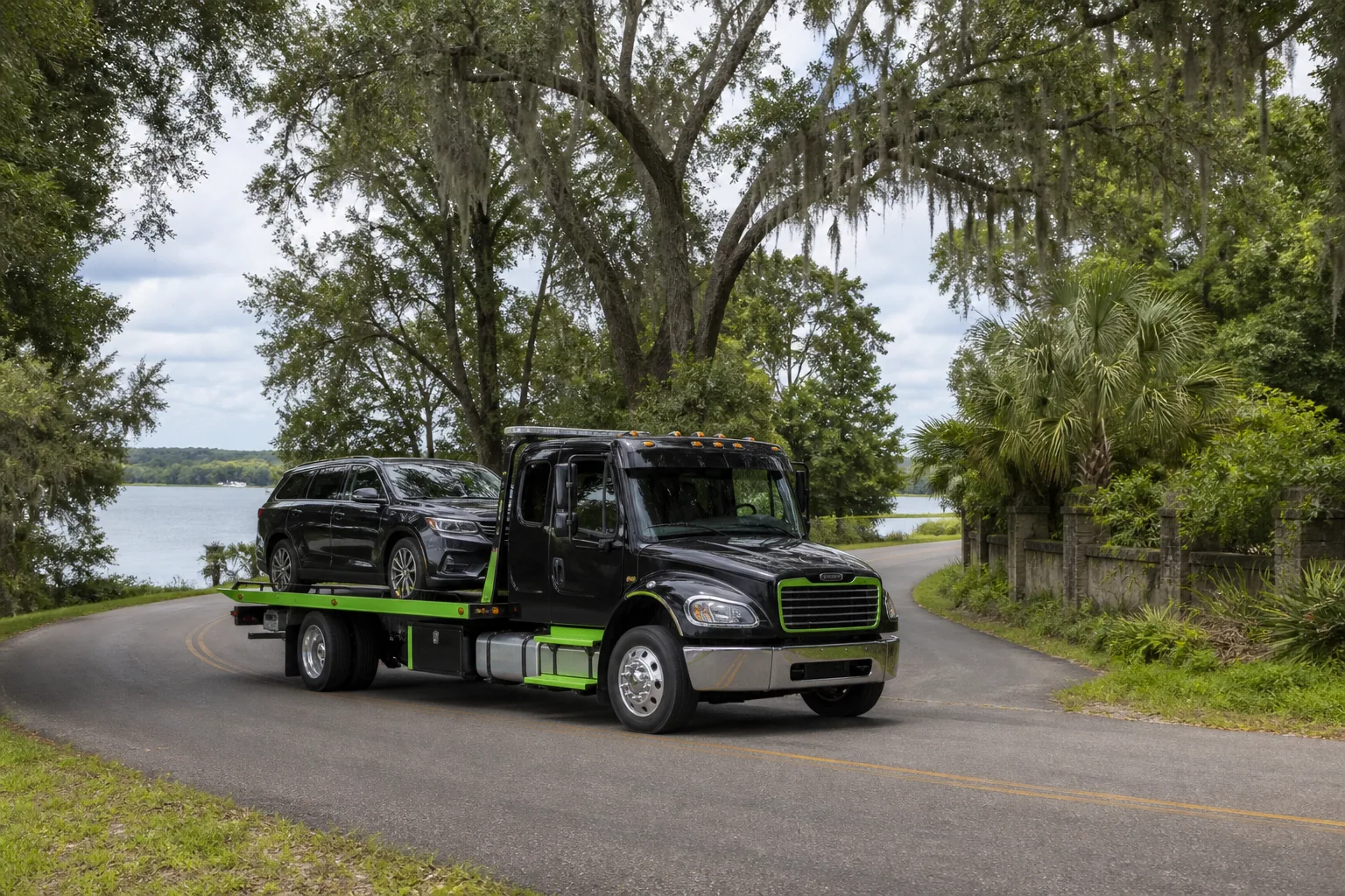 Tow truck responding on a road in Montverde, Florida