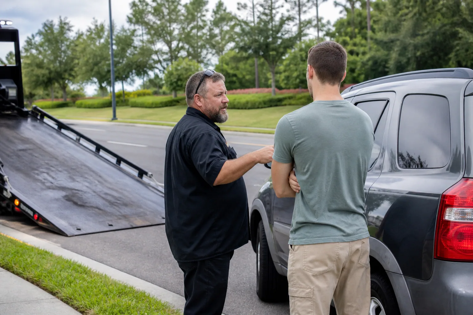 Tow operator answering a driver's questions in Winter Garden