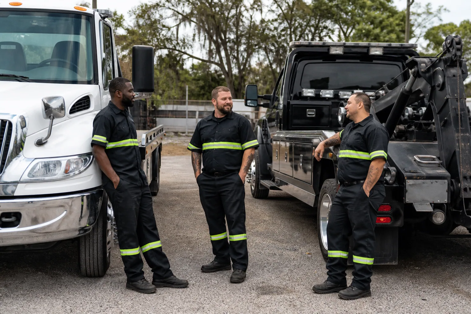 Local Clermont towing team beside their working trucks