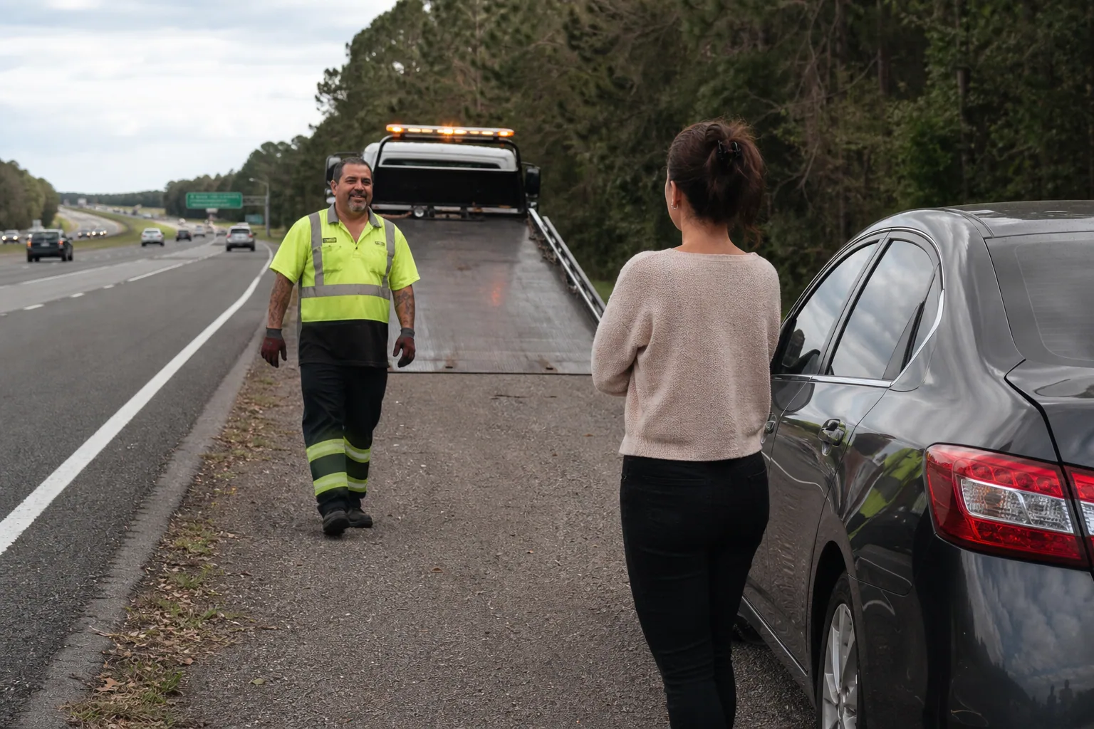 Clermont tow truck arriving to assist a stranded driver