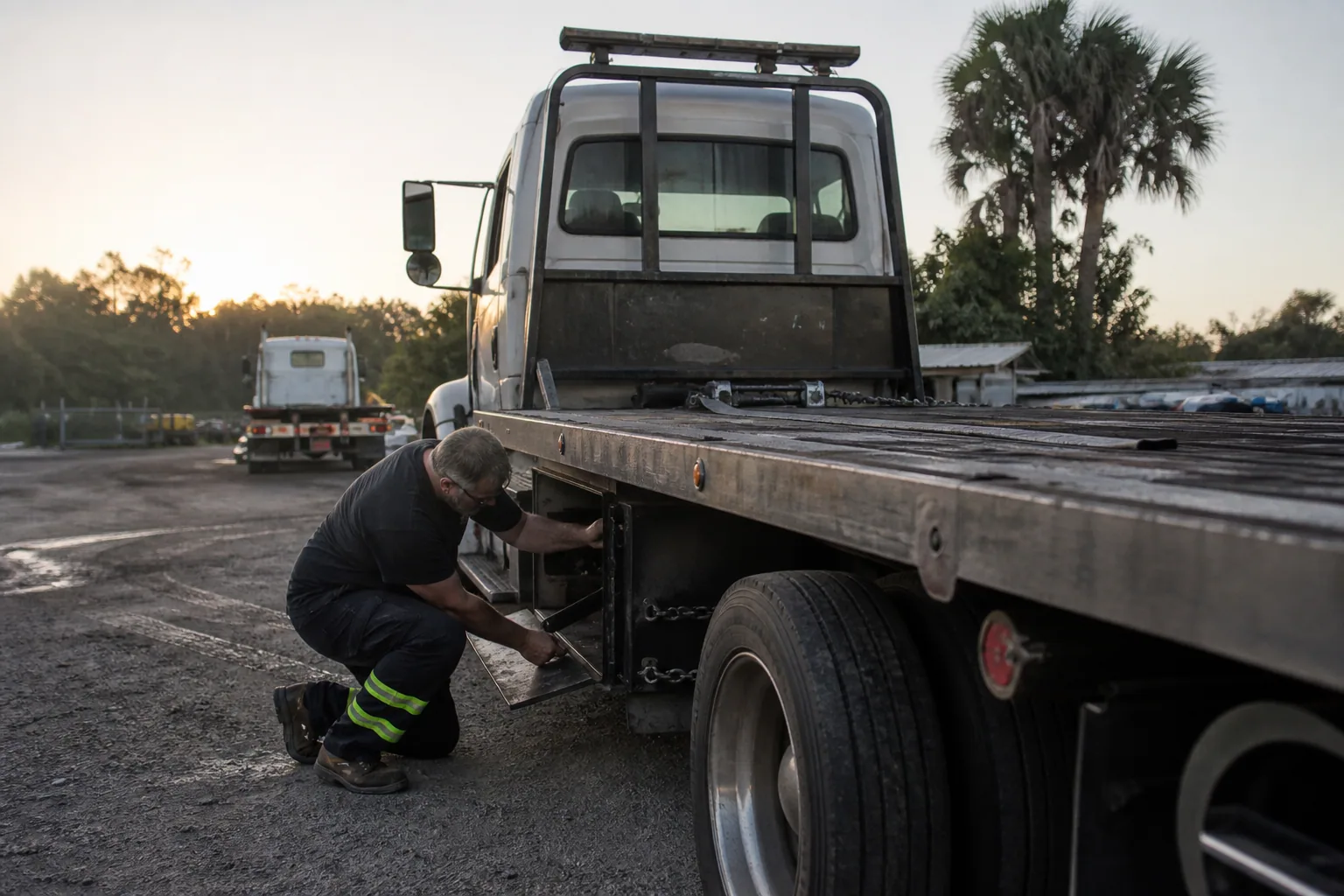 Experienced Clermont tow operator preparing a flatbed for service