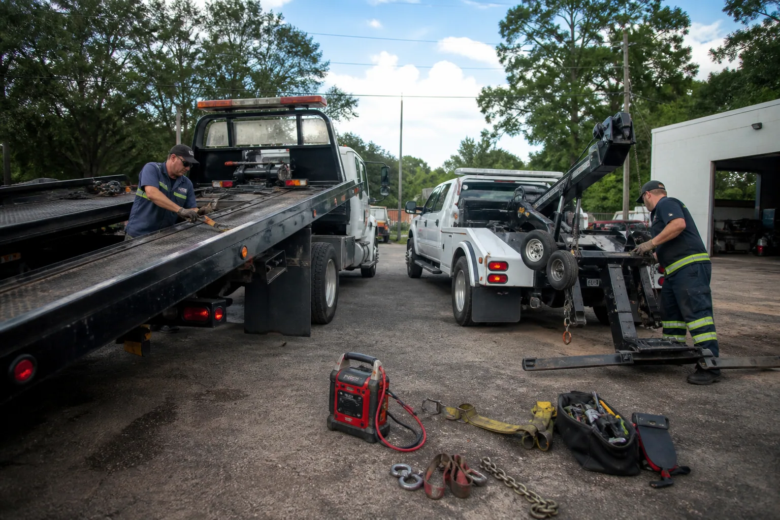 Towing and roadside equipment prepared for different service calls