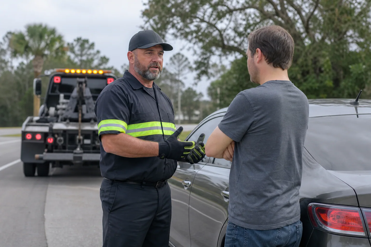 Tow operator explaining service options to a Clermont driver