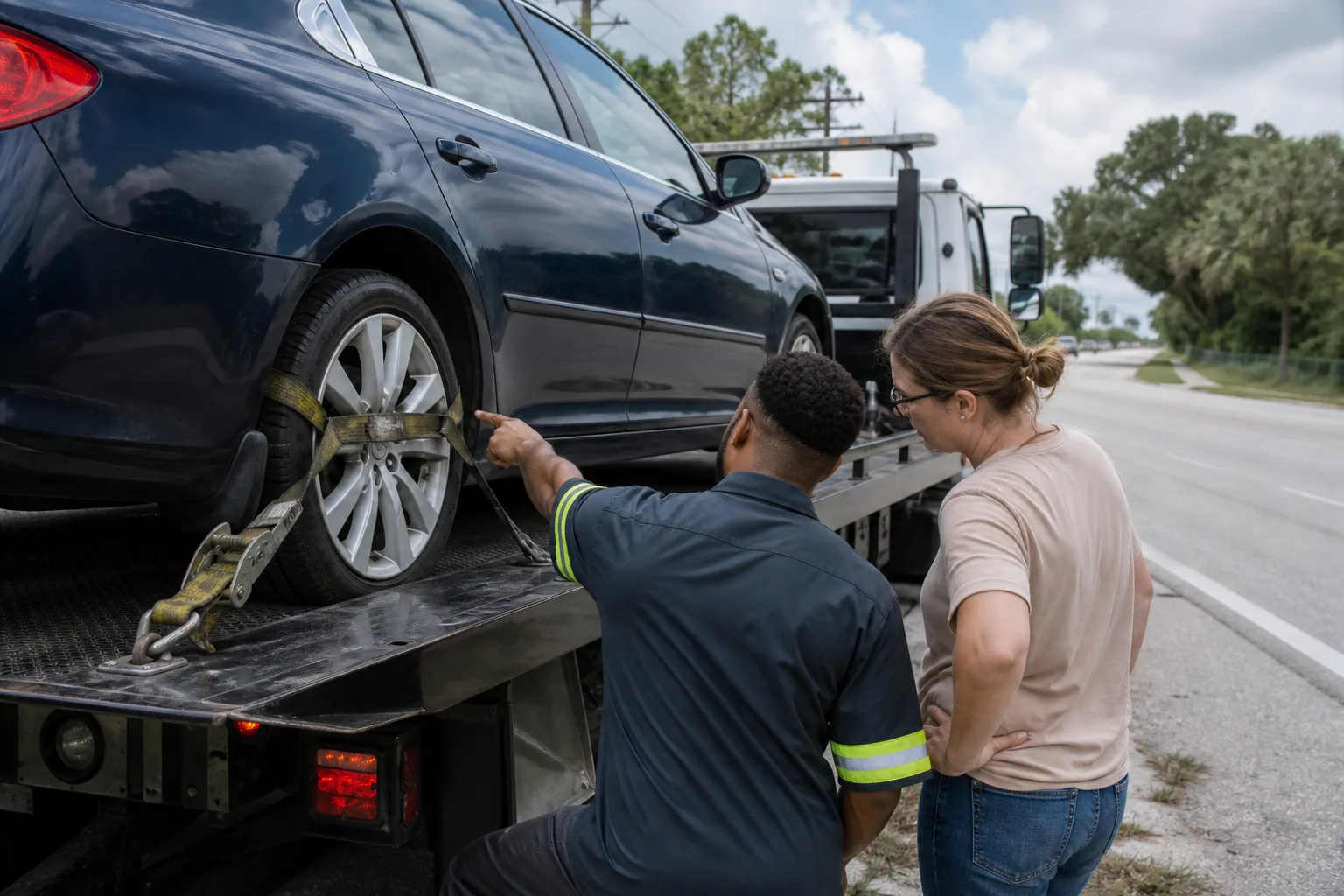 Tow operator explaining safe vehicle loading and transport