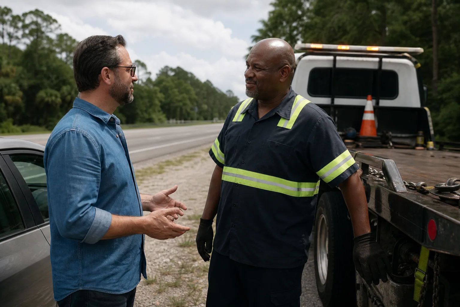Clermont tow operator answering a driver’s roadside questions