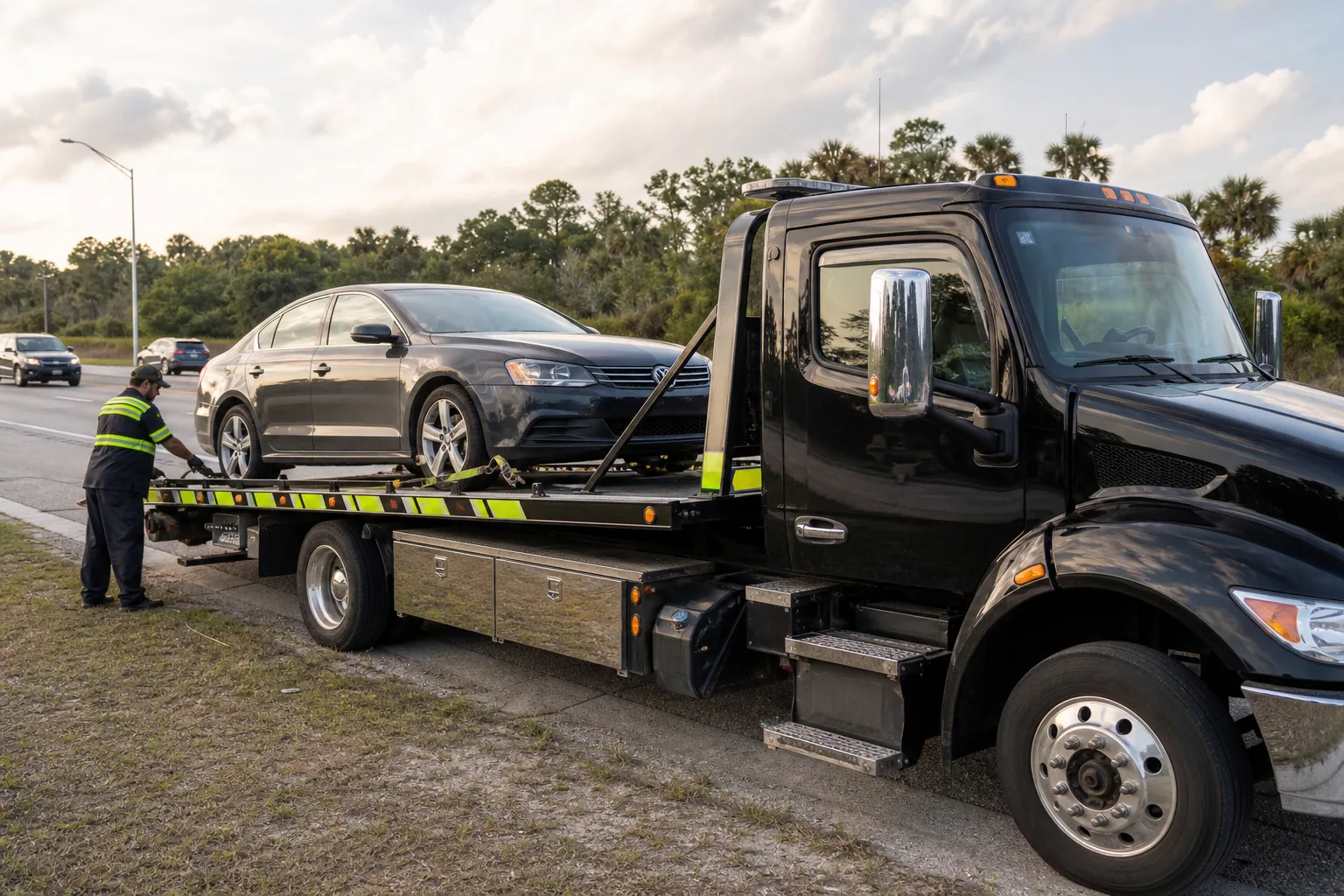 Flatbed tow truck loading a sedan on a Clermont roadside