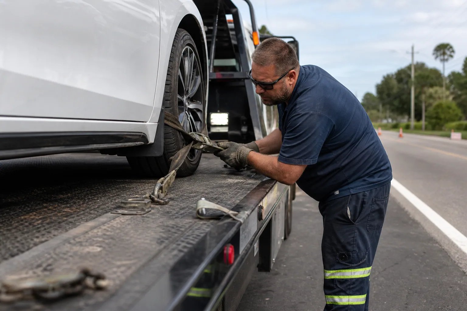 Tow operator inspecting straps before transporting a vehicle