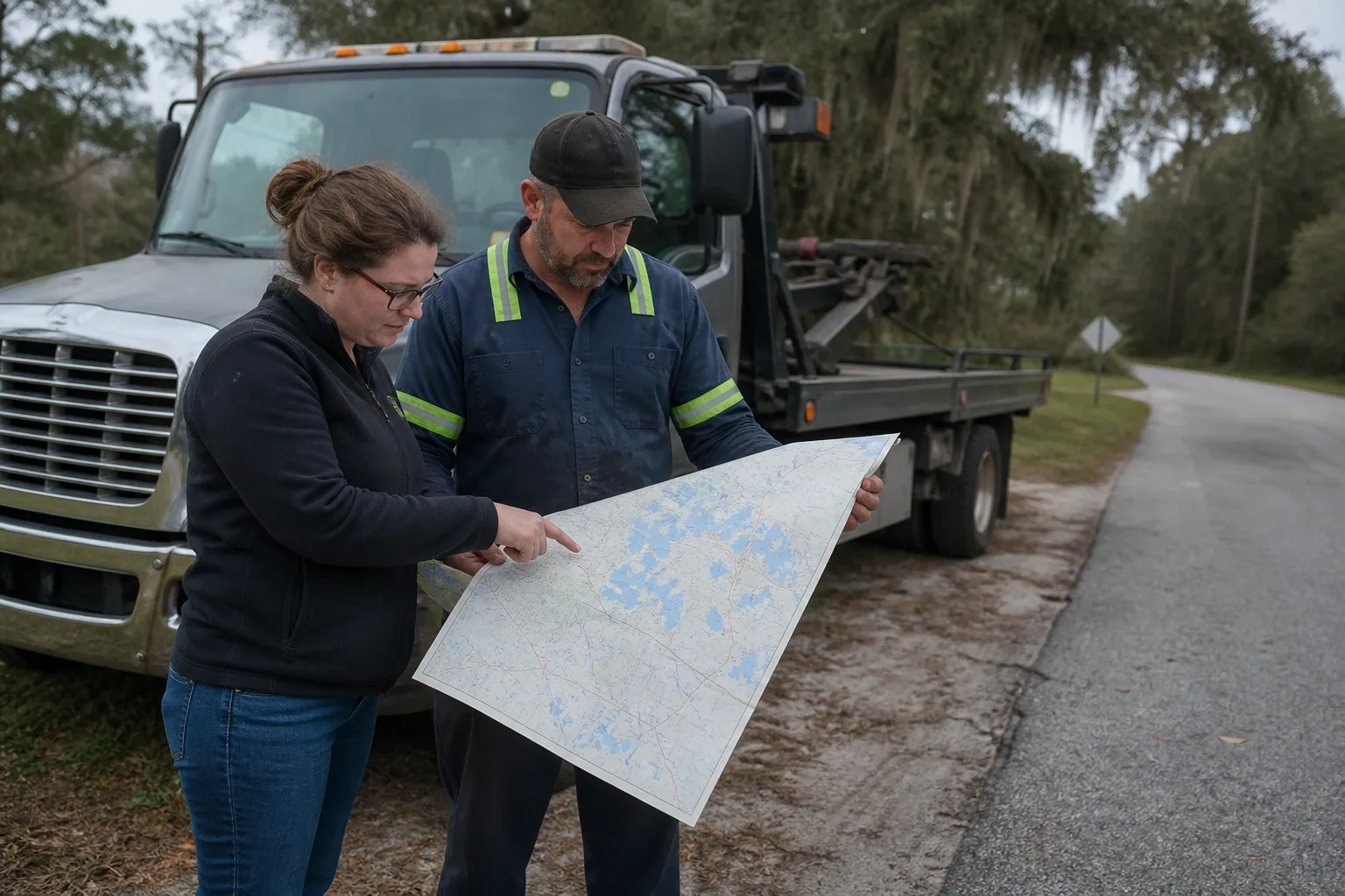Dispatcher reviewing Clermont Tow Company service coverage across Lake County
