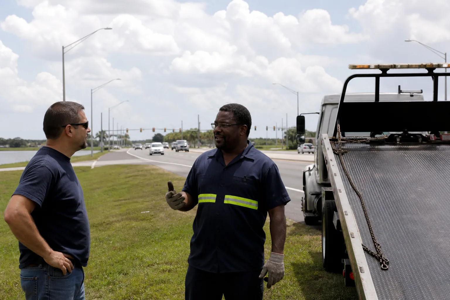 Tow operator discussing Lake County coverage with a local driver