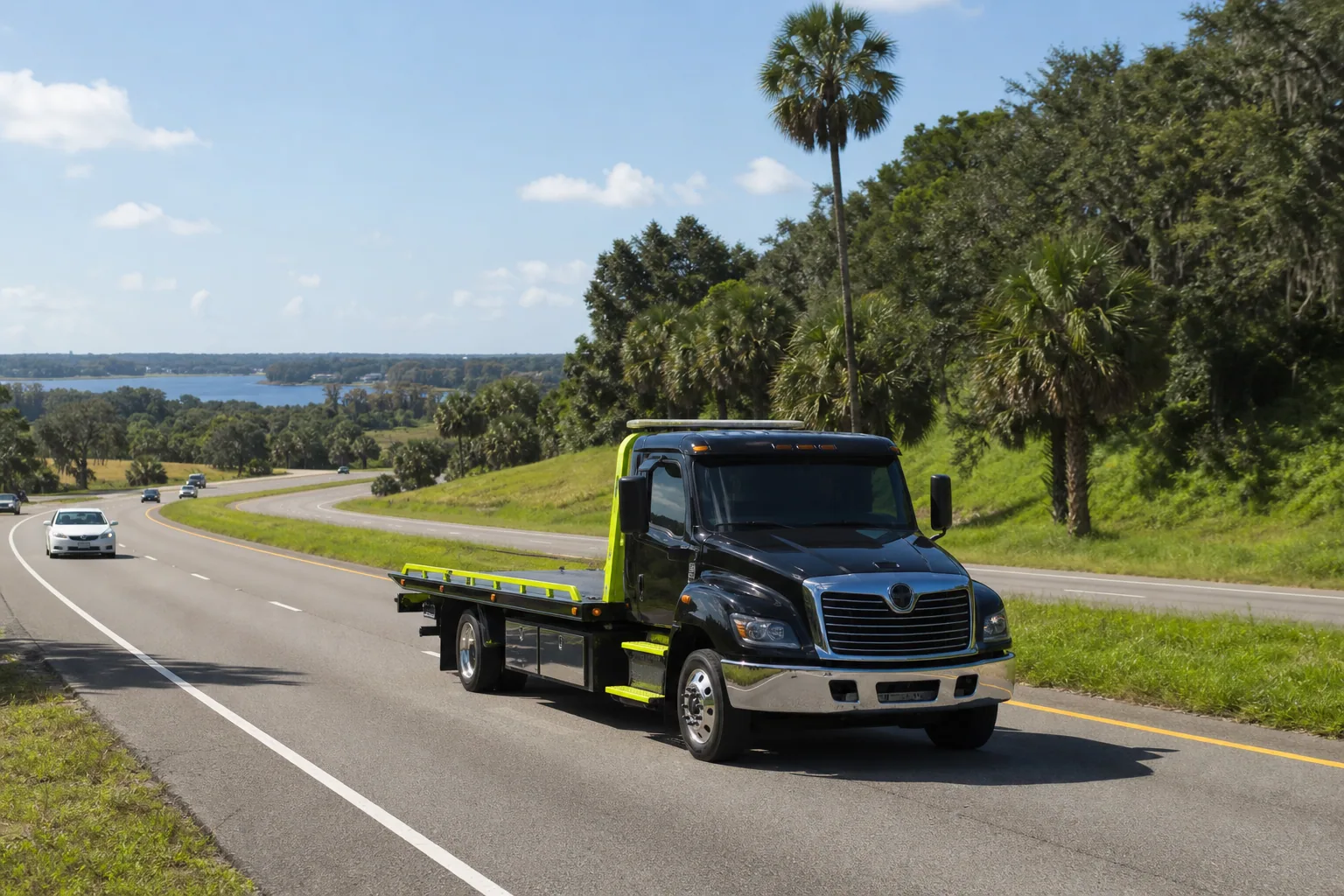Clermont Tow Company flatbed traveling through South Lake County