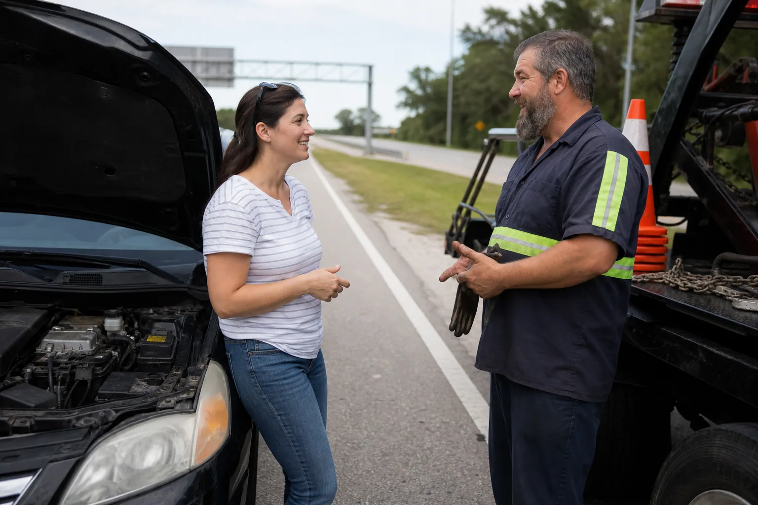 Roadside technician answering a driver’s questions after service