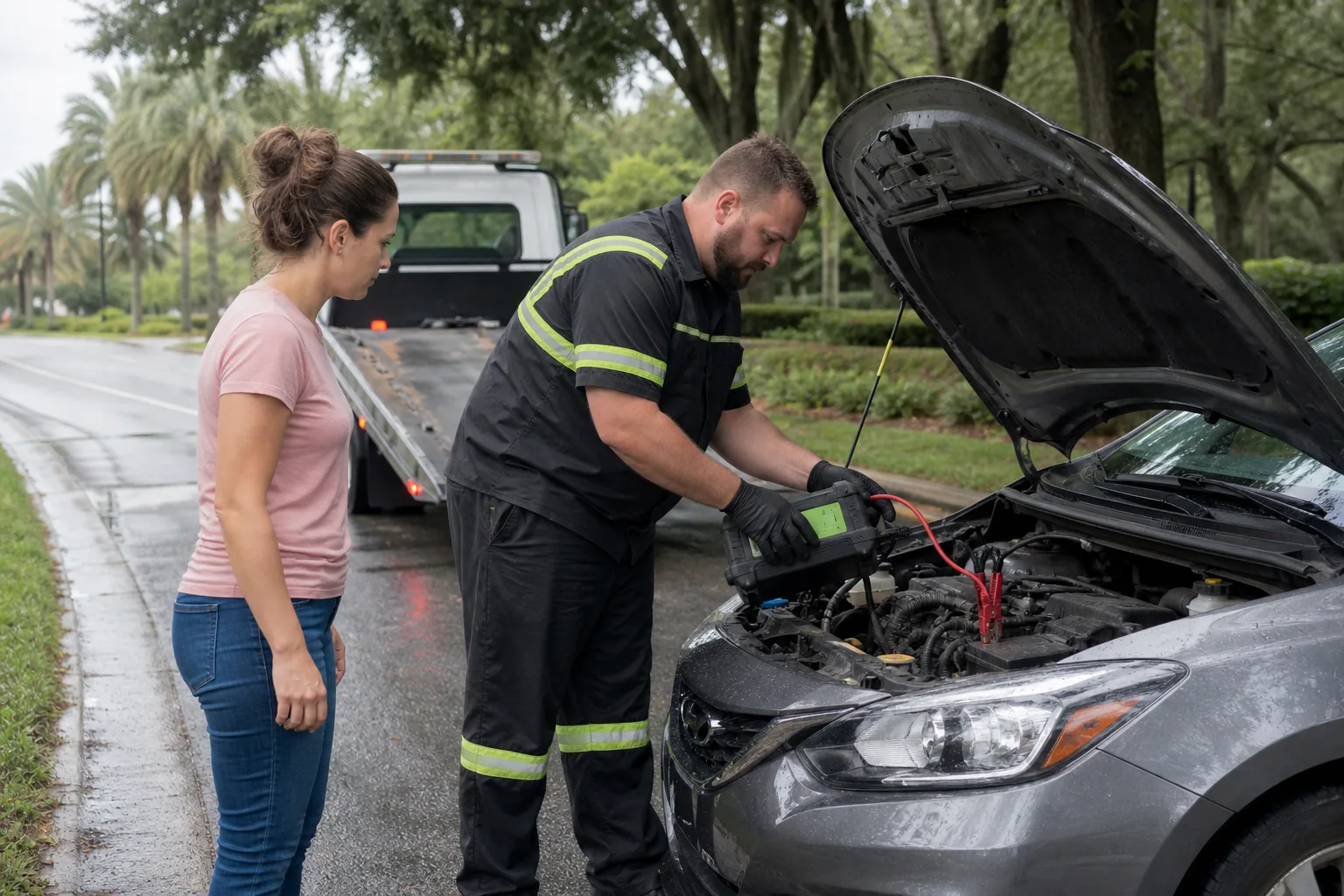 Roadside operator jump-starting a vehicle in Clermont, Florida