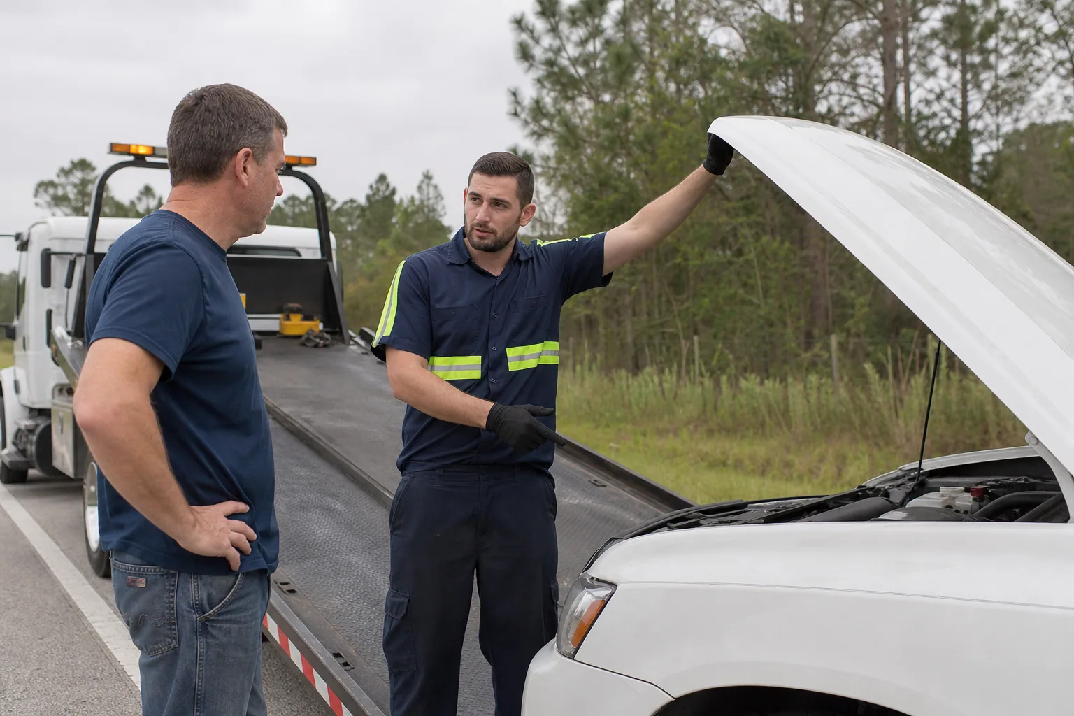 Roadside technician assessing a stranded driver’s vehicle