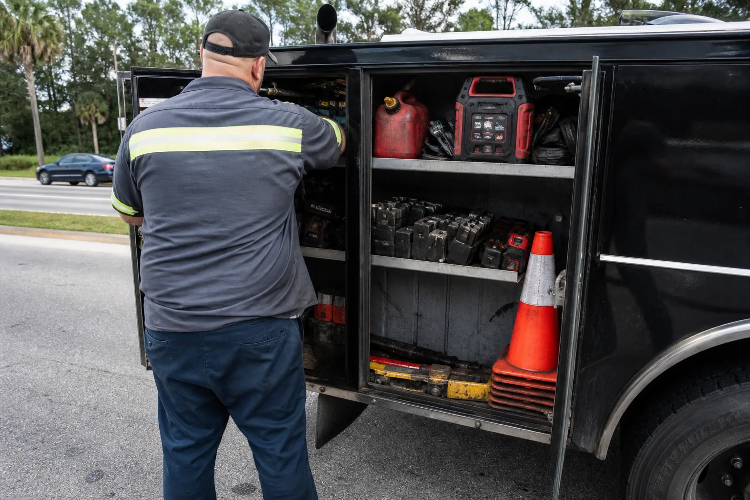 Prepared roadside assistance tools inside a service truck