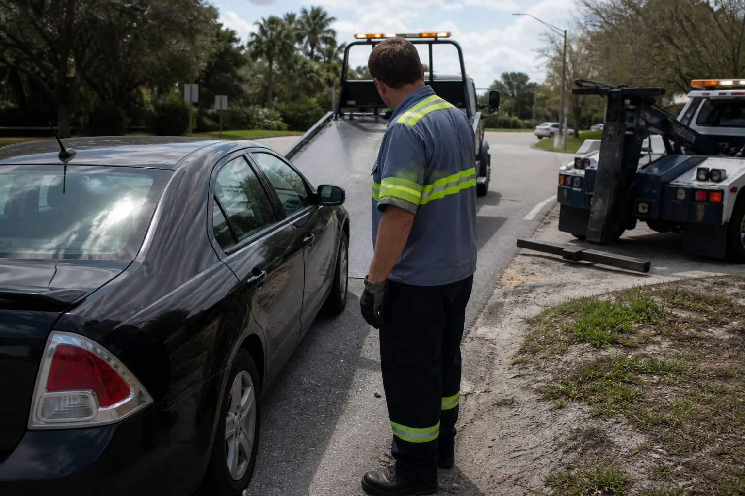 Tow operator assessing a disabled vehicle before choosing equipment
