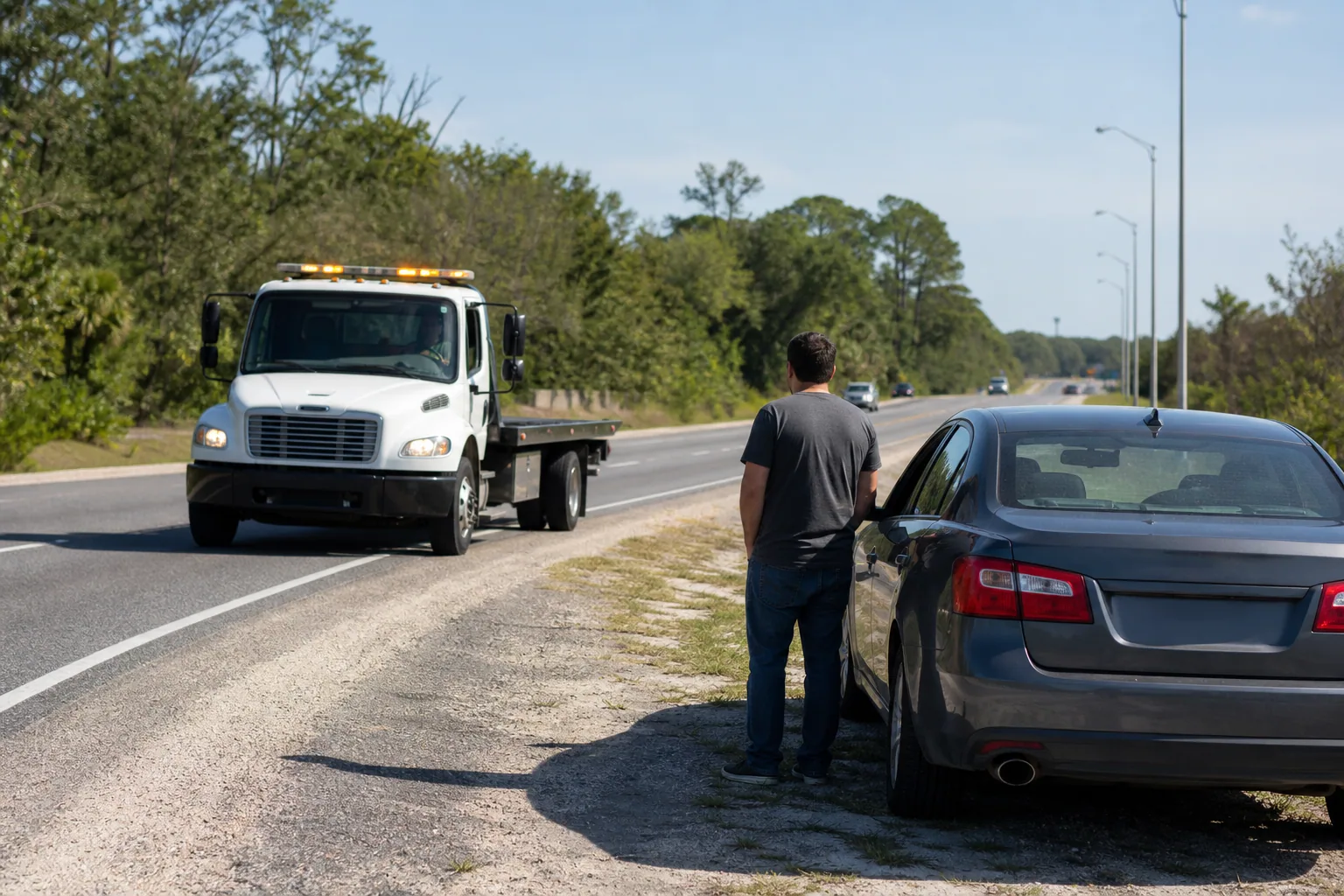 Tow truck arriving quickly on a Clermont roadside