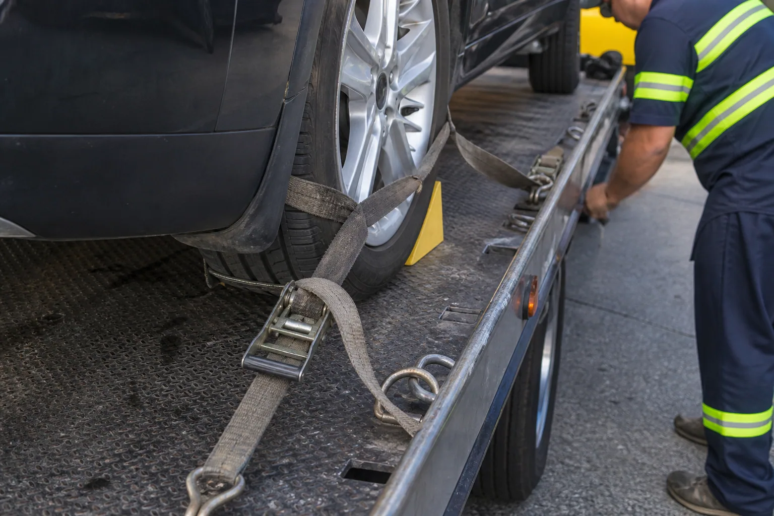 Soft straps and wheel chocks securing a car on a flatbed