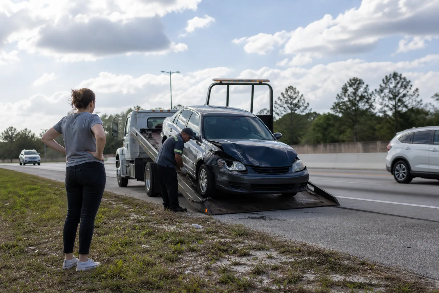 Accident Recovery Towing help arriving for a waiting Clermont driver
