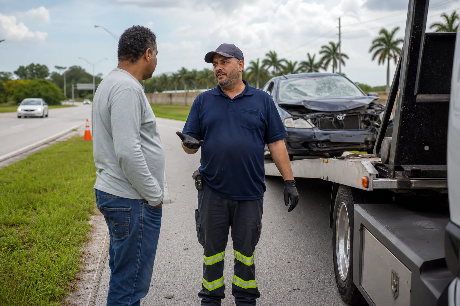 Operator explaining accident recovery towing service to a customer