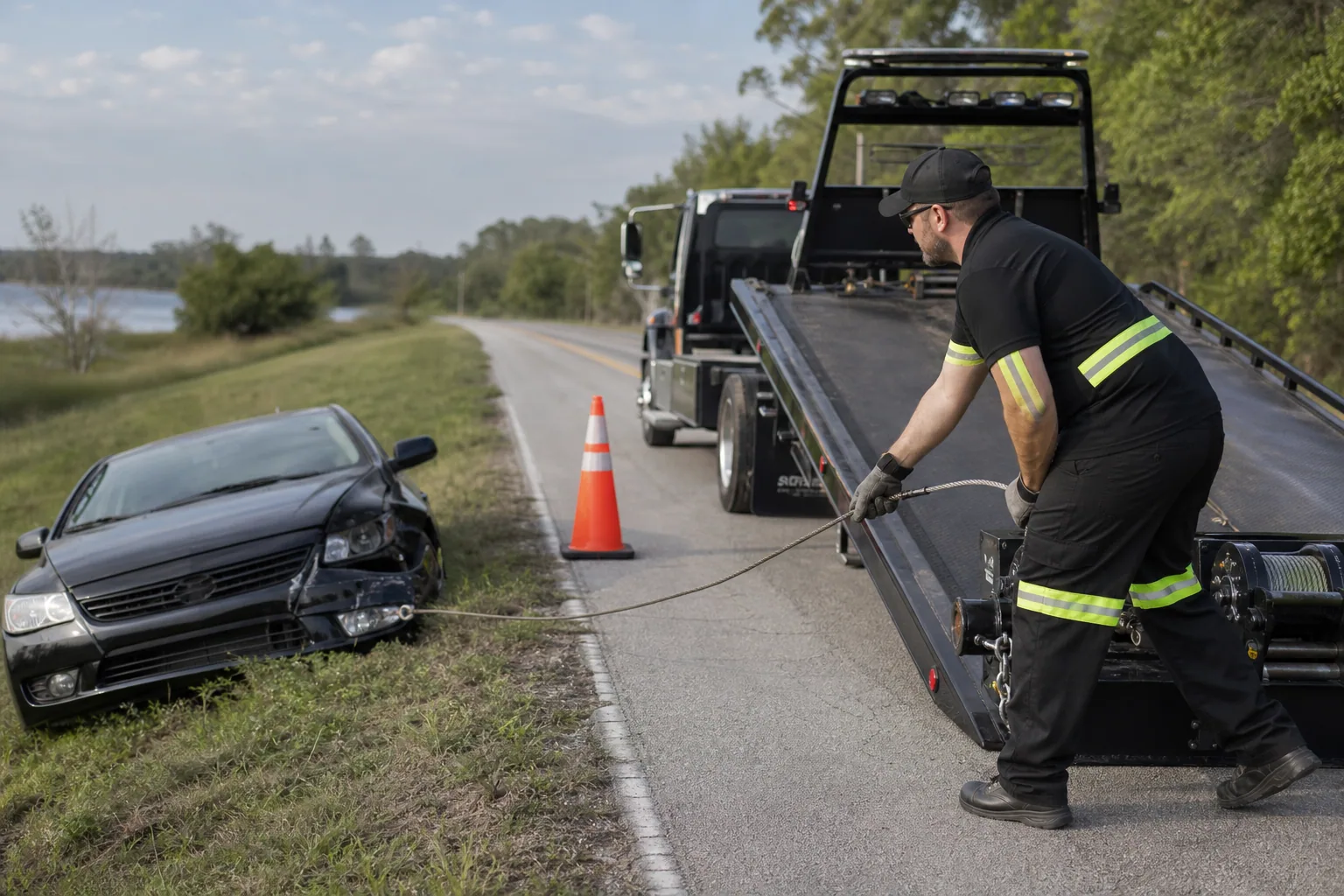 Professional accident recovery towing underway in Clermont, Florida