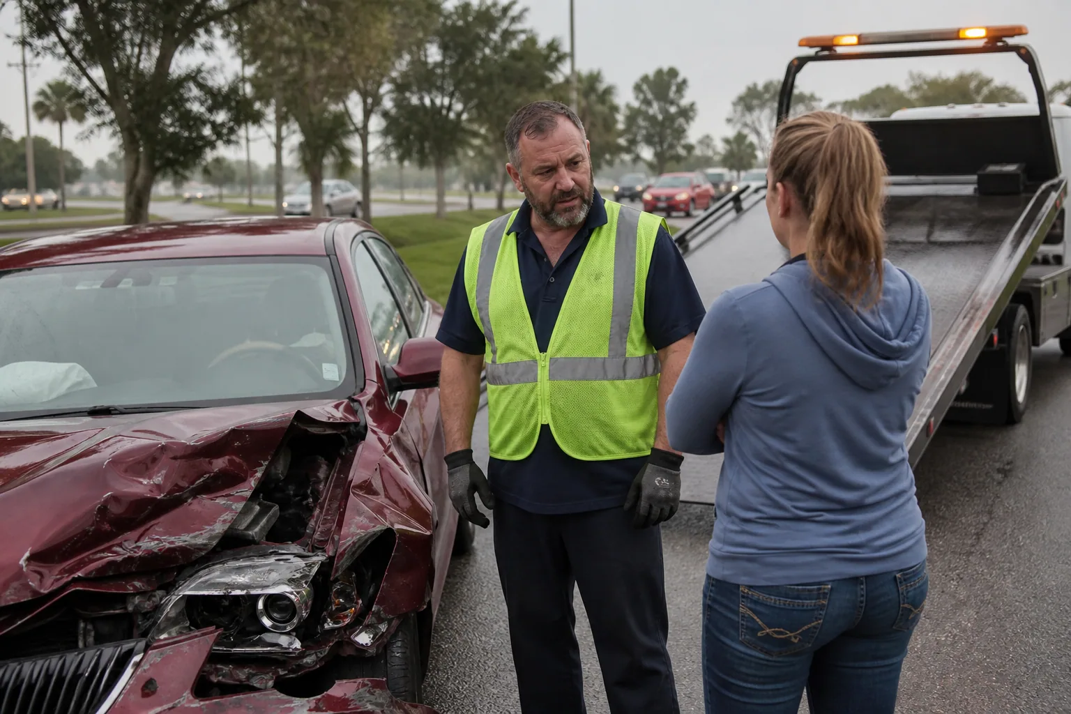 Tow operator assessing a accident recovery towing call with a Clermont driver