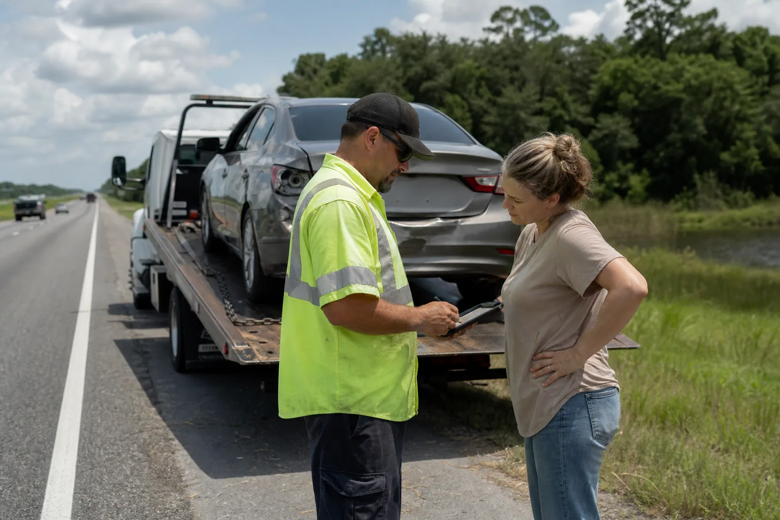 Dispatcher confirming an upfront accident recovery towing quote