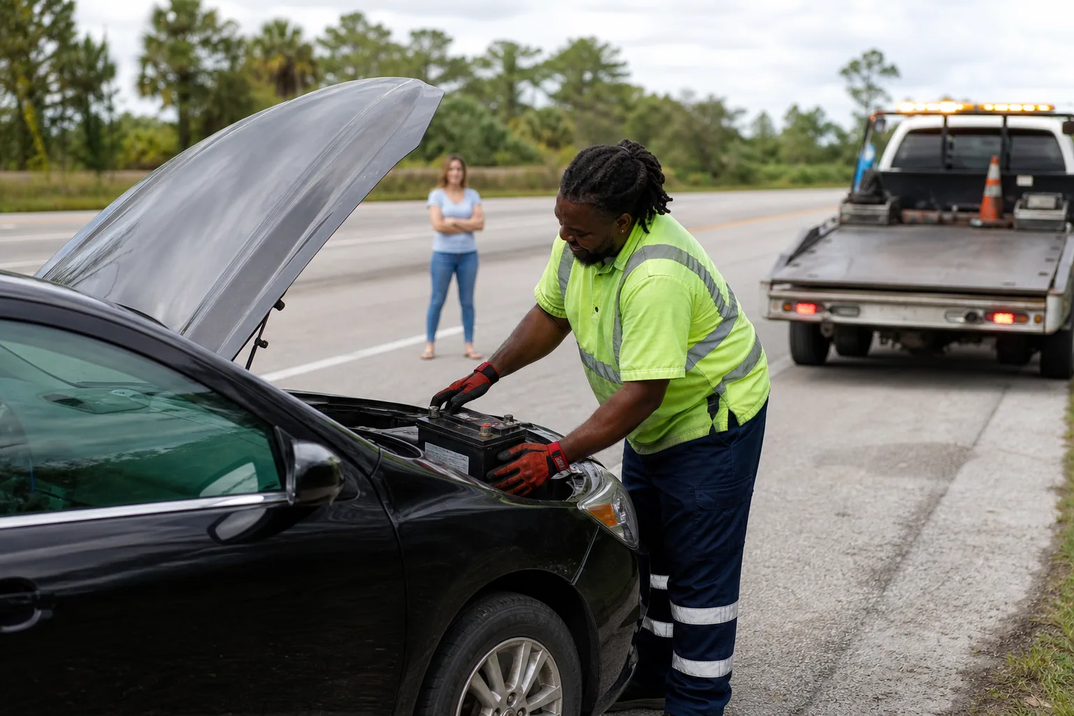 Battery Replacement Service help arriving for a waiting Clermont driver