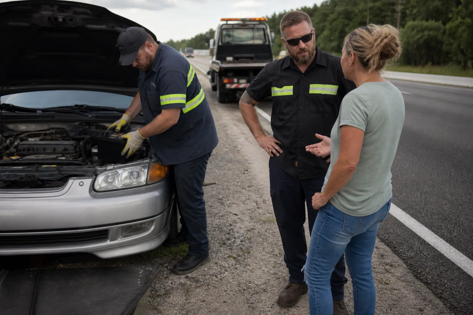 Tow operator assessing a battery replacement service call with a Clermont driver