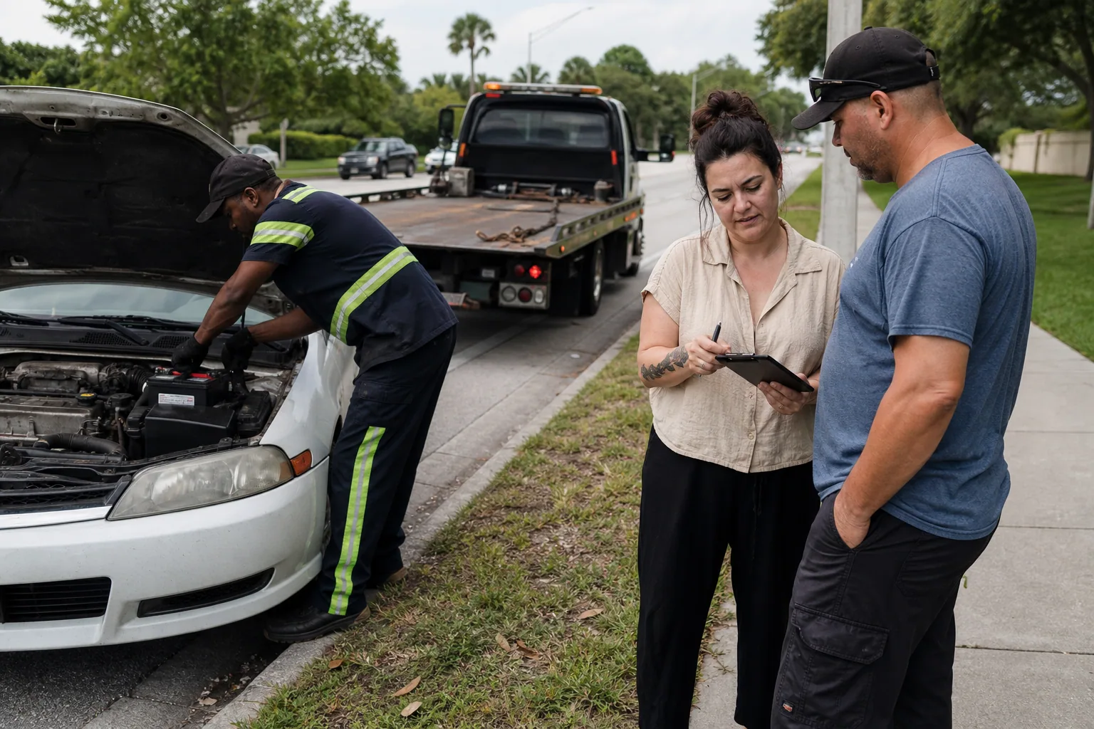 Dispatcher confirming an upfront battery replacement service quote
