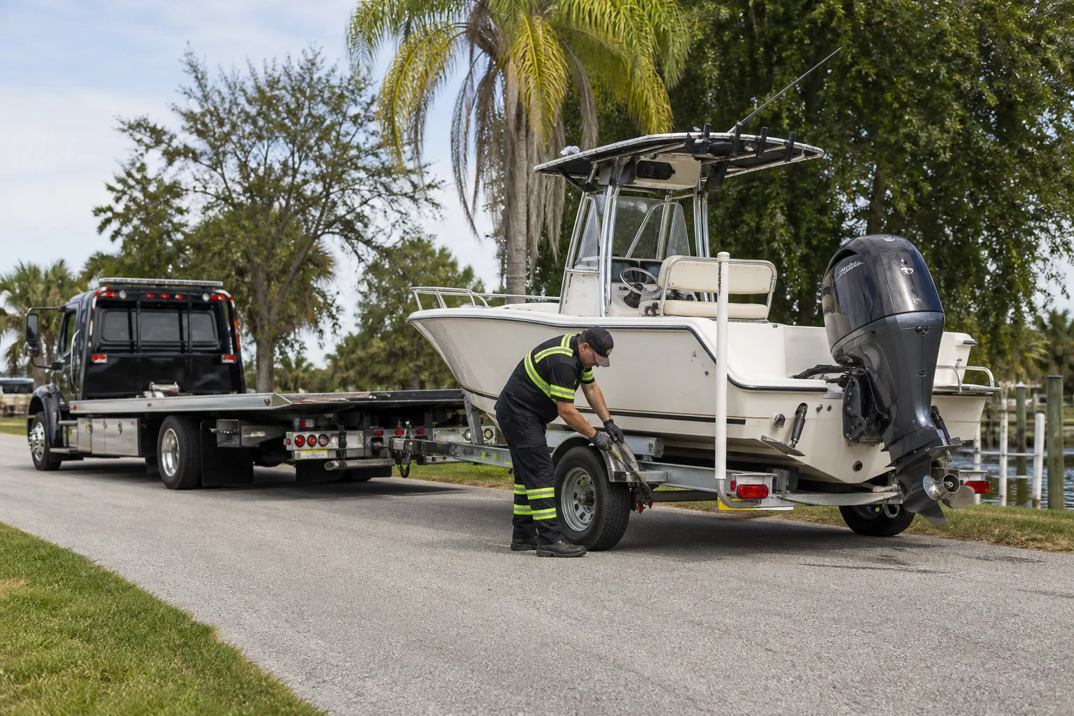 Professional boat / trailer towing underway in Clermont, Florida