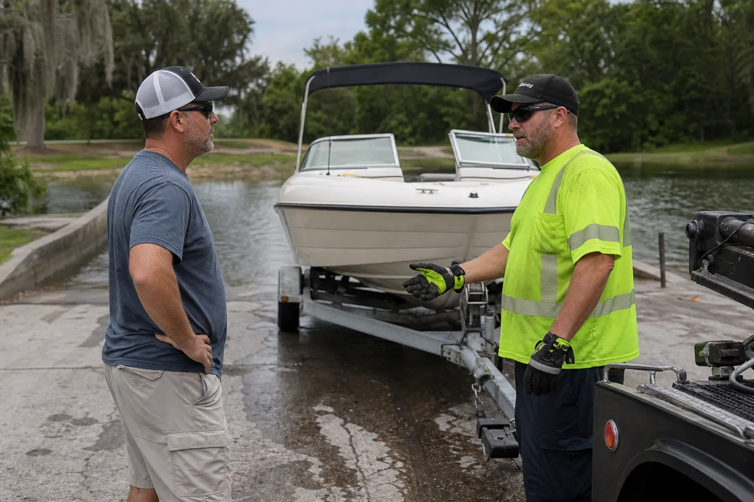 Tow operator assessing a boat / trailer towing call with a Clermont driver