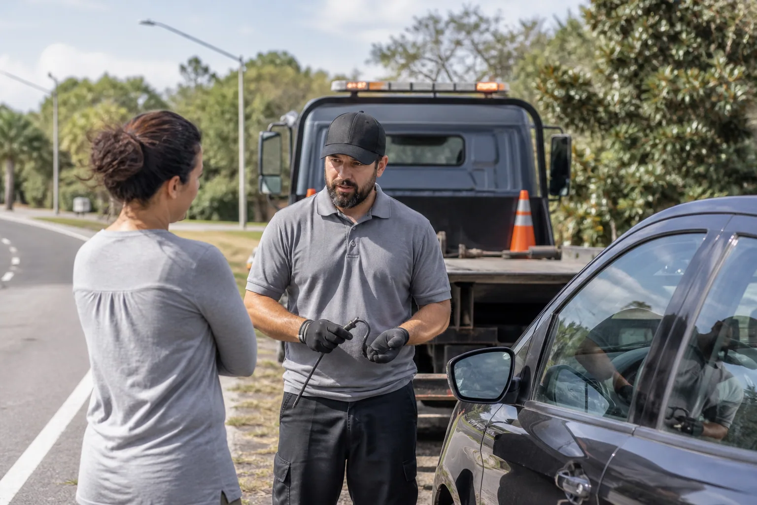 Operator explaining car lockout service service to a customer