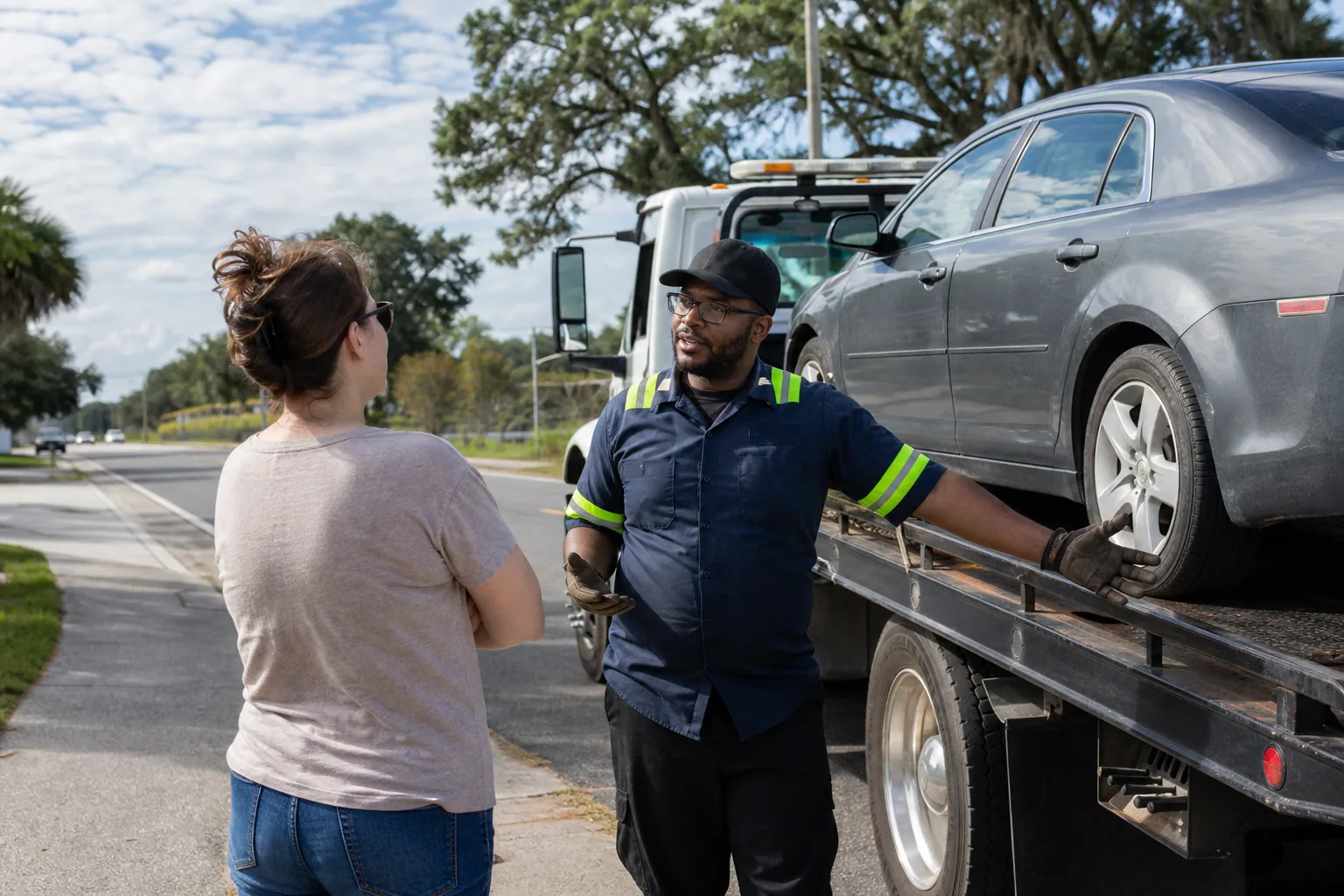 Operator explaining car towing service to a customer