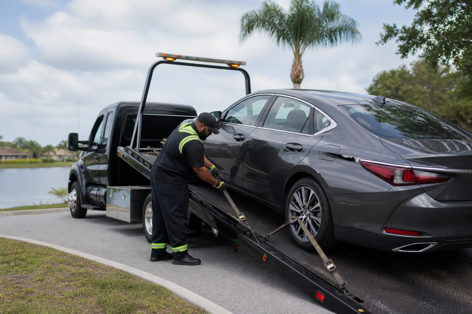 Professional car towing underway in Clermont, Florida