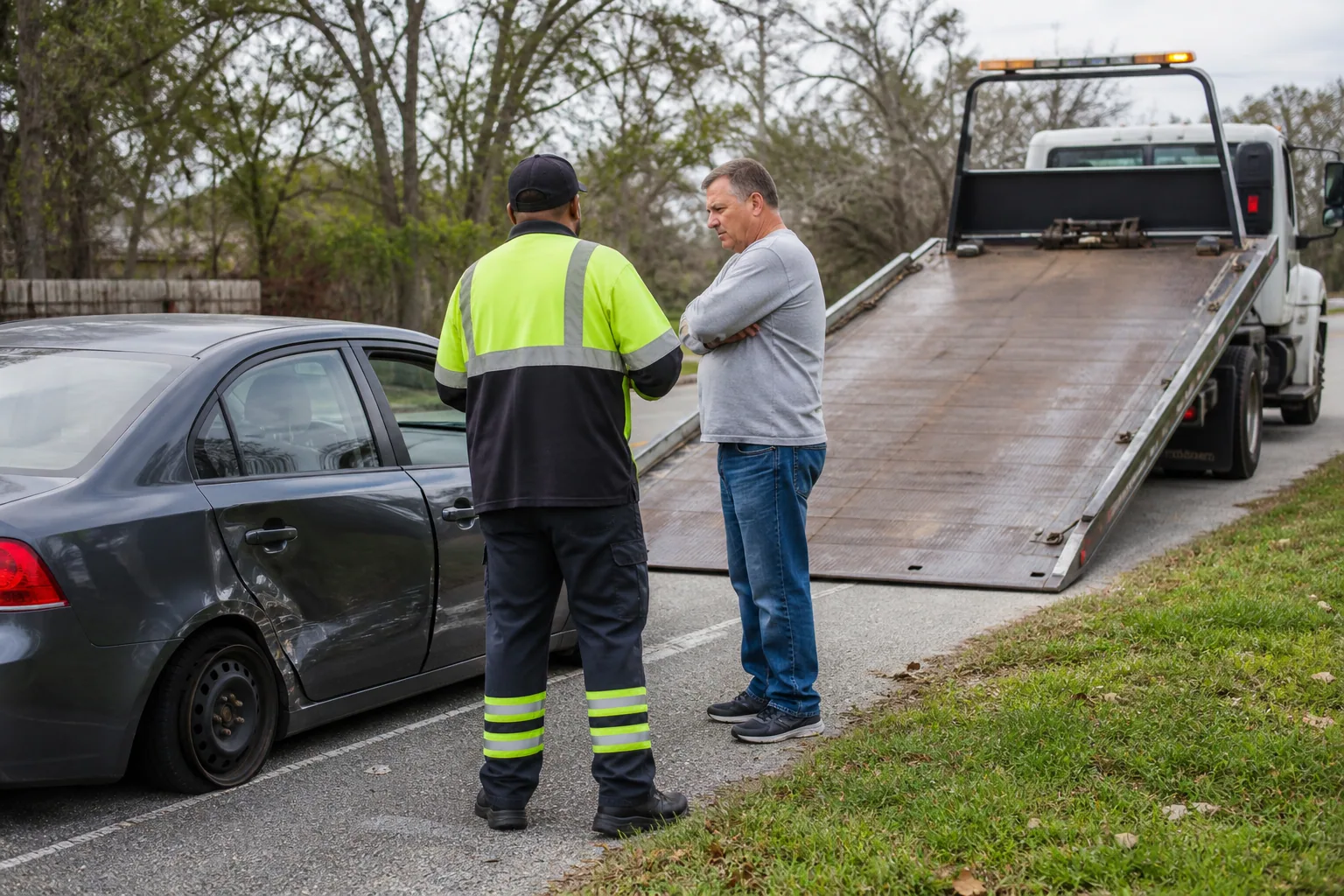 Tow operator assessing a car towing call with a Clermont driver