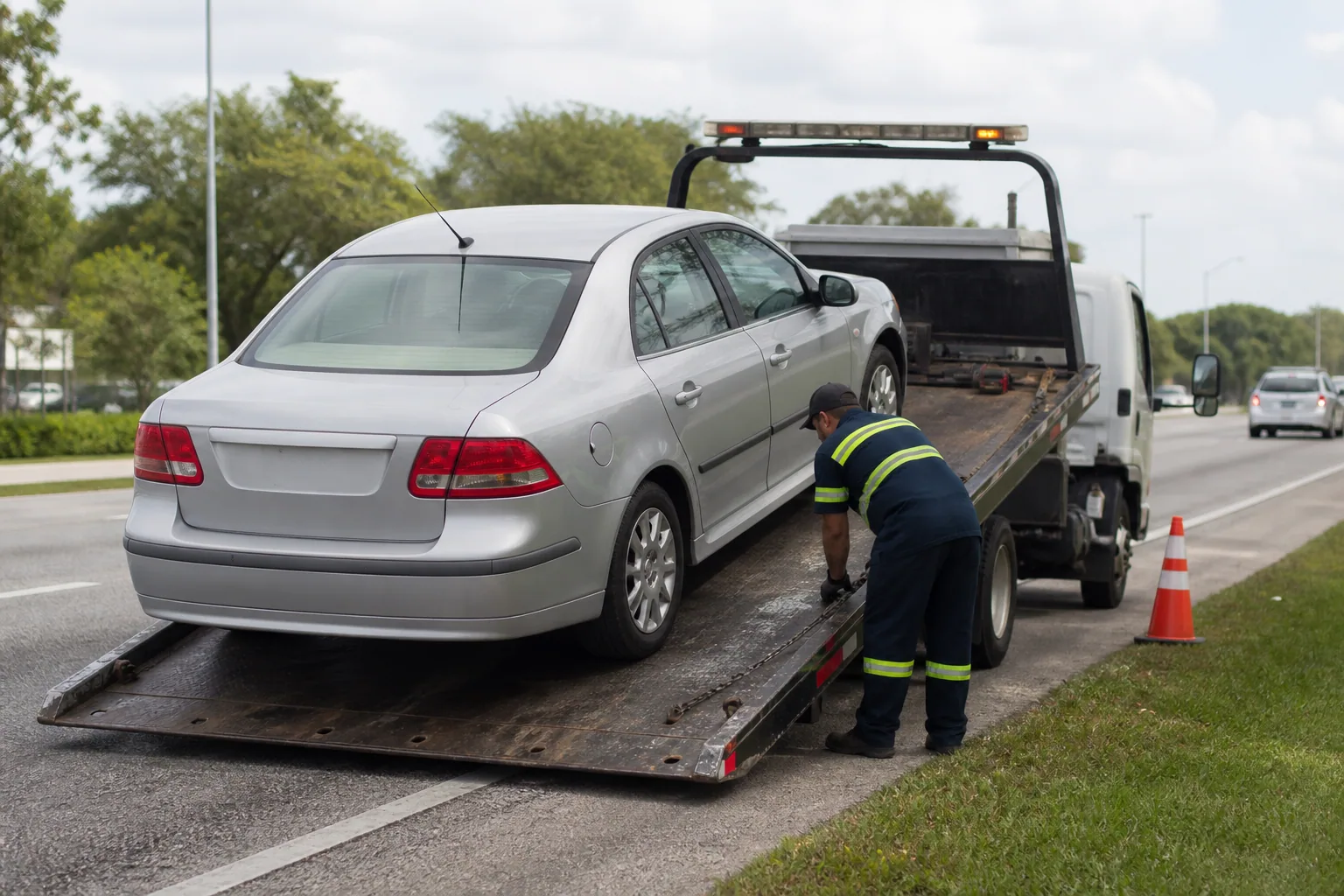A common car towing situation handled safely in Clermont