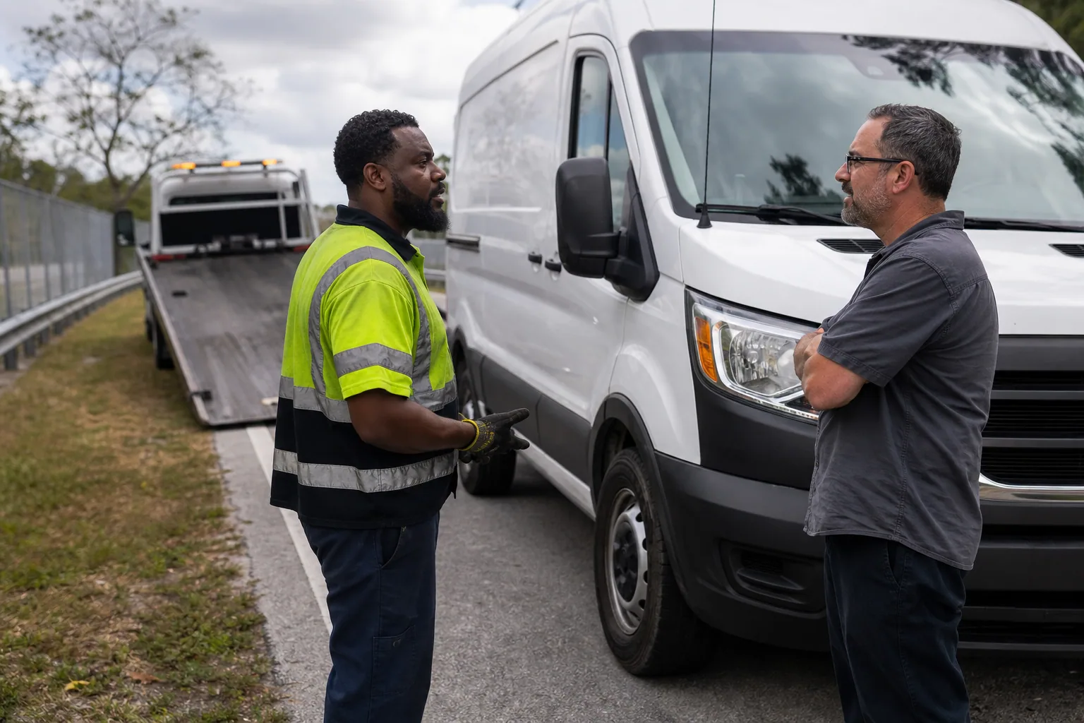 Tow operator assessing a commercial / fleet towing call with a Clermont driver
